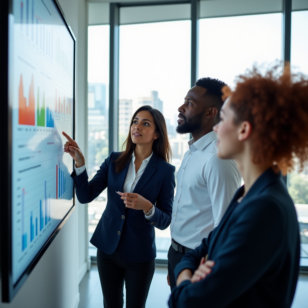 Content team reviewing performance data on a large screen in a modern Atlanta office