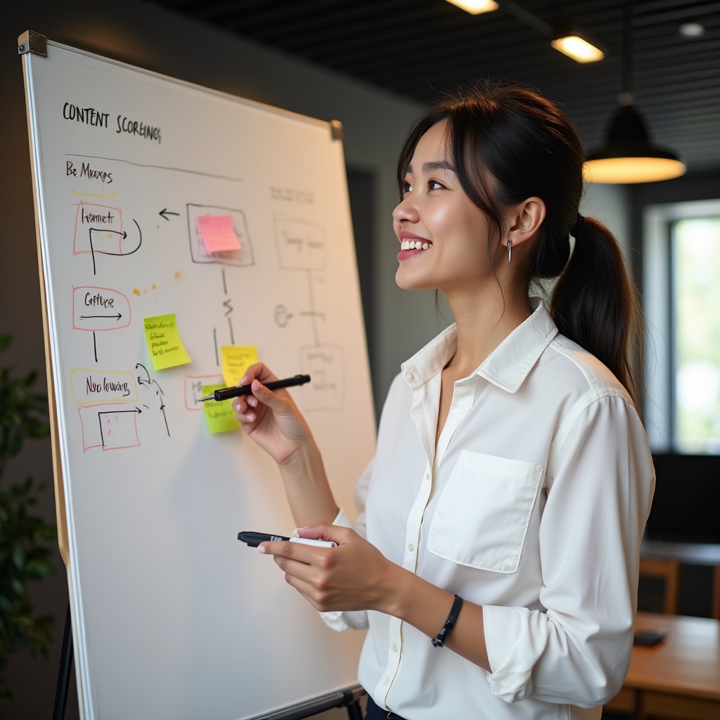 Content strategist at a whiteboard mapping out a scoring framework with color-coded sticky notes and arrows
