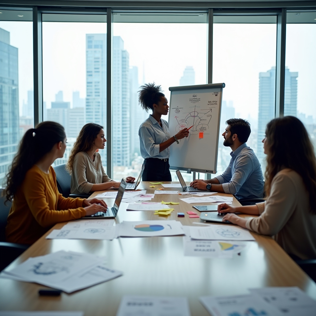 Content strategists collaborating around a large table with laptops and printed analytics reports in a bright Atlanta office